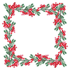 Botanical frame made of branches with red berries and green leaves for the design of postcards, posters and other printed products.