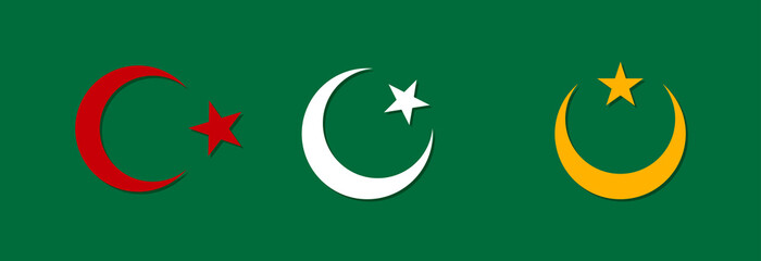 Crescent and star in different colors on a green background. 