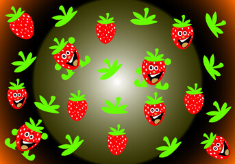 a strawberry background with three characters with gradient or mixed colors to make it look more beautiful