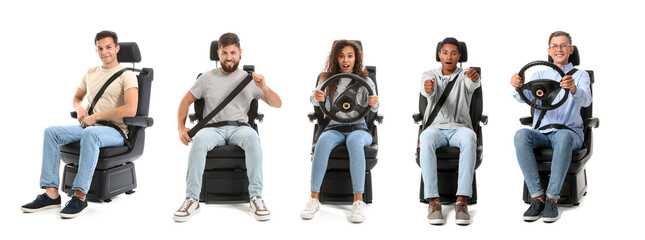 Set of people in car seat isolated on white - obrazy, fototapety, plakaty