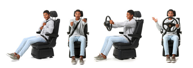 Set of African-American guy in car seat isolated on white