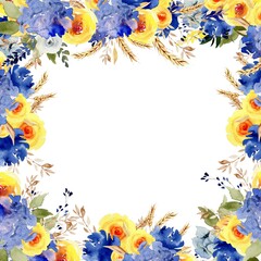 Fototapeta na wymiar Watercolor frame, ukrainian flowers and color, blue and yellow