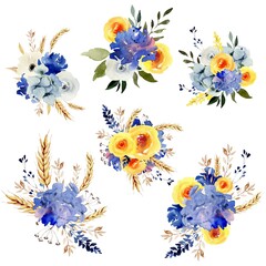 Fototapeta na wymiar Watercolor blue and yellow bouquets with wheal