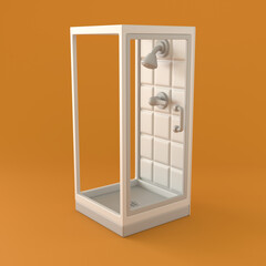 Monochrome Shower Cabinet on Orange Background, 3d Rendering