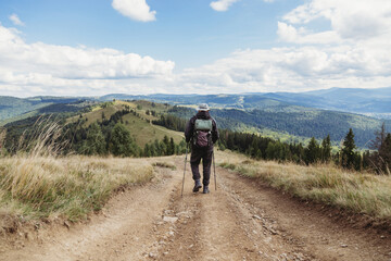 Hiker man with backpack and trekking sticks
