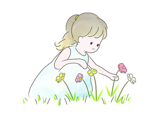 花を摘む女の子の水彩風イラスト