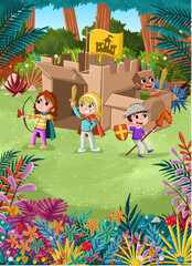 Cartoon children playing with cardboard castle on a colorful garden. Knights with swords.