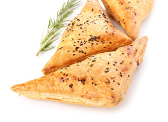 Tasty Uzbek samsa on white background