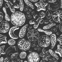 chalk drawing, christmas sweets cookies, tangerines, slices of dry oranges, walnuts, gingerbread, a cup with chocolate and marshmallows, cake, sweets drawing with contour, hands, black, white, seamles