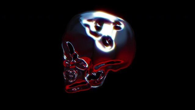 Abstract silhouette skull head isolated on black background. Modern art concept. Liquid chrome metal figure. Digital 3d animation.