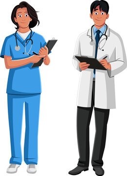 Nurse and doctor with clipboards. Medical cartoon characters.

