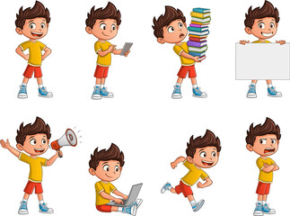 Happy cartoon kid in different activities. Mascot boy with different poses and emotions.
