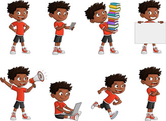 Happy cartoon black kid in different activities. Mascot boy with different poses and emotions. - 492027867