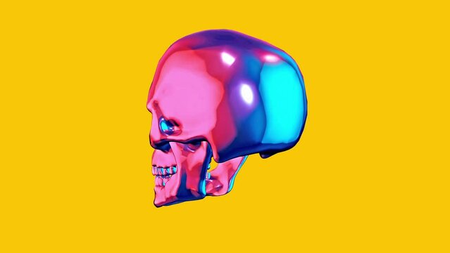 Metal shiny chrome human skull isolated on yellow background. Technology abstract art design. Futuristic colorful fashion element. Realistic digital 3d animation.