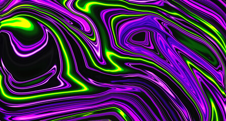 Bright fluid violet, black and neon green background. Abstract liquid purple pink wave. Art trippy digital screen. Fantasy Backdrop. Royal glitter banner. Template. Luxury texture. Creative flyer.