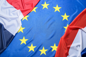 Flags of European Union and France as background, closeup