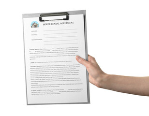 Woman holding clipboard and house rental agreement on white background