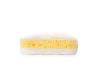 Yellow bath sponge with foam on white background