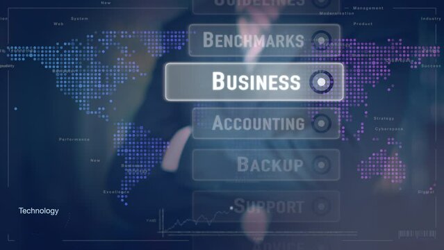 Backup. A businessman selecting a Backup business concept on a futuristic screen.