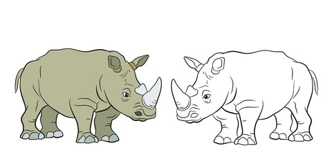 In the animal world. Coloring book for children, big and terrible rhino.
 Vector image. Color drawing, background, design.