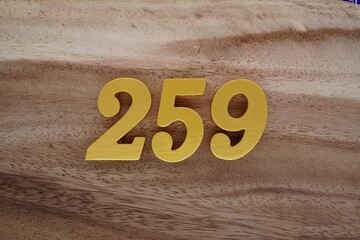 Golden Arabic numerals on a real brown and white wooden floor number 259