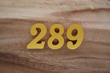 Golden Arabic numerals on a real brown and white wooden floor number 289
