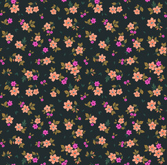 Fototapeta na wymiar Vector seamless pattern. Pretty pattern in small flowers. Small orange and pink flowers. Black background. Ditsy floral background. The elegant the template for fashion prints. Stock vector.