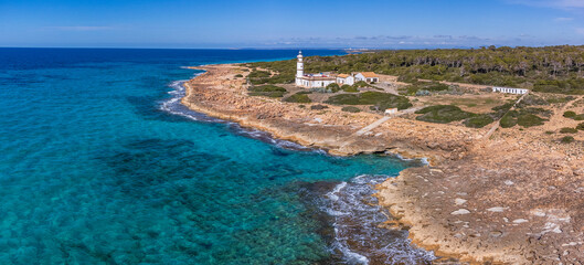 Fototapeta premium Cap de Ses Salines lighthouse, Mallorca, Balearic Islands, Spain
