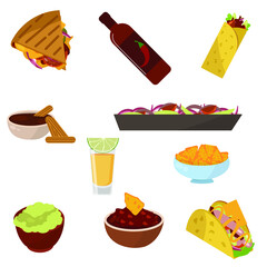 Seth Mexican cuisine. The 10 most popular dishes of Mexico. Vector illustration of national food