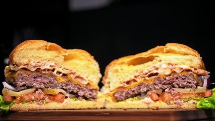 Cut craft burger is cooking on black background in black food gloves. Consist: sauce, lettuce, tomato, red onion, pickle, cheese, bacon, air bun and marbled meat beef. Not made ideal. Looks real