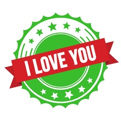 I LOVE YOU text on red green ribbon stamp.