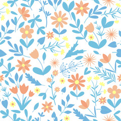Fototapeta na wymiar Flowers and herbs spring seamless pattern. Floral leafy background. Folklore template for wallpaper, paper and fabric vector illustration