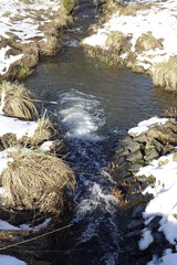 Fresh current, River Winterbach, Westerwald, boundary of Hessia and Rhineland-Palatinate, sunny winter day, concept: cold, purity, refreshment, nature, serenity (horizontal), Rabenscheid, Germany
