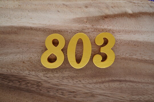Golden Arabic numerals on a real brown and white wooden floor number 803.