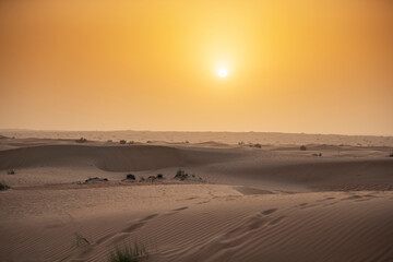Sunset at the Edge of the Rolling Sand Dunes in the Empty Quarter (Arabian Desert) outside Abu Dhabi, United Arab Emirates
