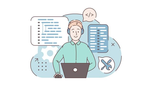 Workplace of the programmer. A programming language. Front view. Concept of script coding, programming. Programmer working on web development on computer. Software developers. 2d flat bright animation
