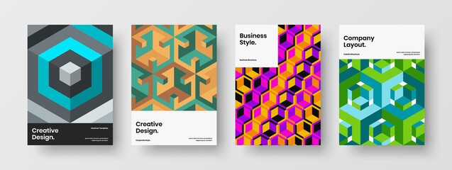 Vivid corporate brochure design vector layout collection. Amazing geometric tiles journal cover illustration bundle.