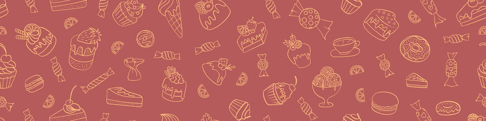 Seamless horizontal border with cakes and sweets. Hand drawn doodle desserts. Vector illustration.