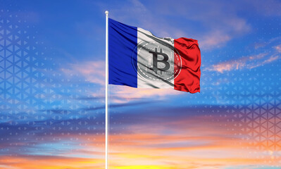 France flag with bitcoin symbol. The concept of the state's dealing with digital currency