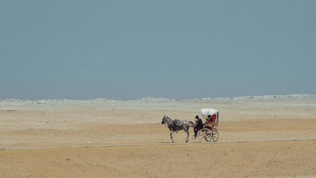 Horse carriage ride in desert near pyramids in Giza, Egypt