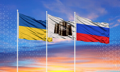 The flag of Russia and the flag of Ukraine and in the center is a white flag with a symbol of oil barrels. The concept of oil exchange between the two countries