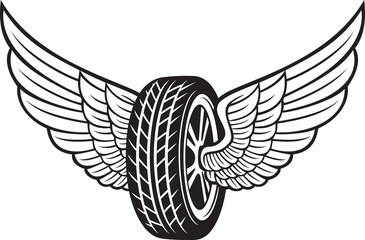 Wheel (tyre) and wings black and white. Vector illustration. © tribalium81