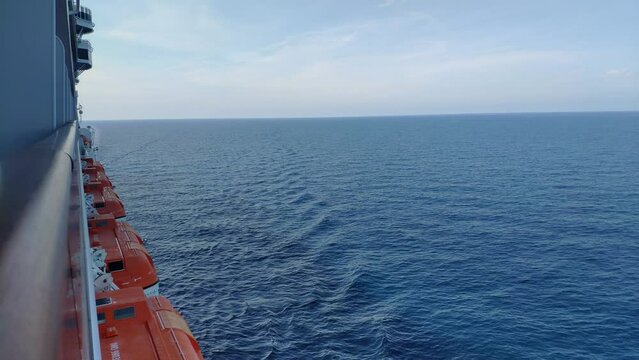View of the open sea horizon from a cruise terrace on a mid level deck above the life boats. Cruise side on picture. Row of life boats, decks and terrace veranda. Clear skies, calm sea.