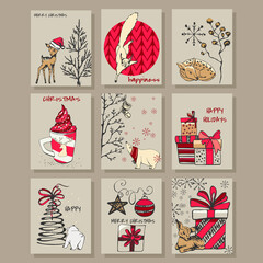 christmas greeting card set kraft paper hand drawn style christmas card set kraft paper hand drawn style, animals, squirrel, deer, plant, gifts, red, brown, gray, graphics