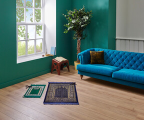 Prayer rug in the room style, living room background.