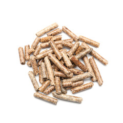 Pile of wood pellets on white background