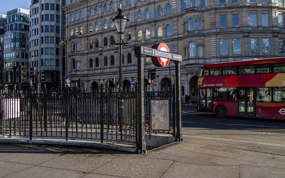 Charing Cross Tube station entrance. Public transport subway next to the Trafalgar Square. Underground logo sign, Transport for London on January 16, 2019 in London, England, United Kingdom.