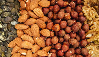Pumpkin seeds, fresh almonds, hulled, unshelled. peeled hazelnuts and walnuts, without their hard brown shells. Variety of nuts, different kinds, various types.