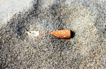 a cigarette butt lies on the beach and pollutes the environment