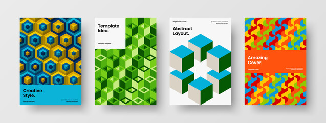Multicolored geometric tiles handbill layout set. Abstract poster vector design template composition.